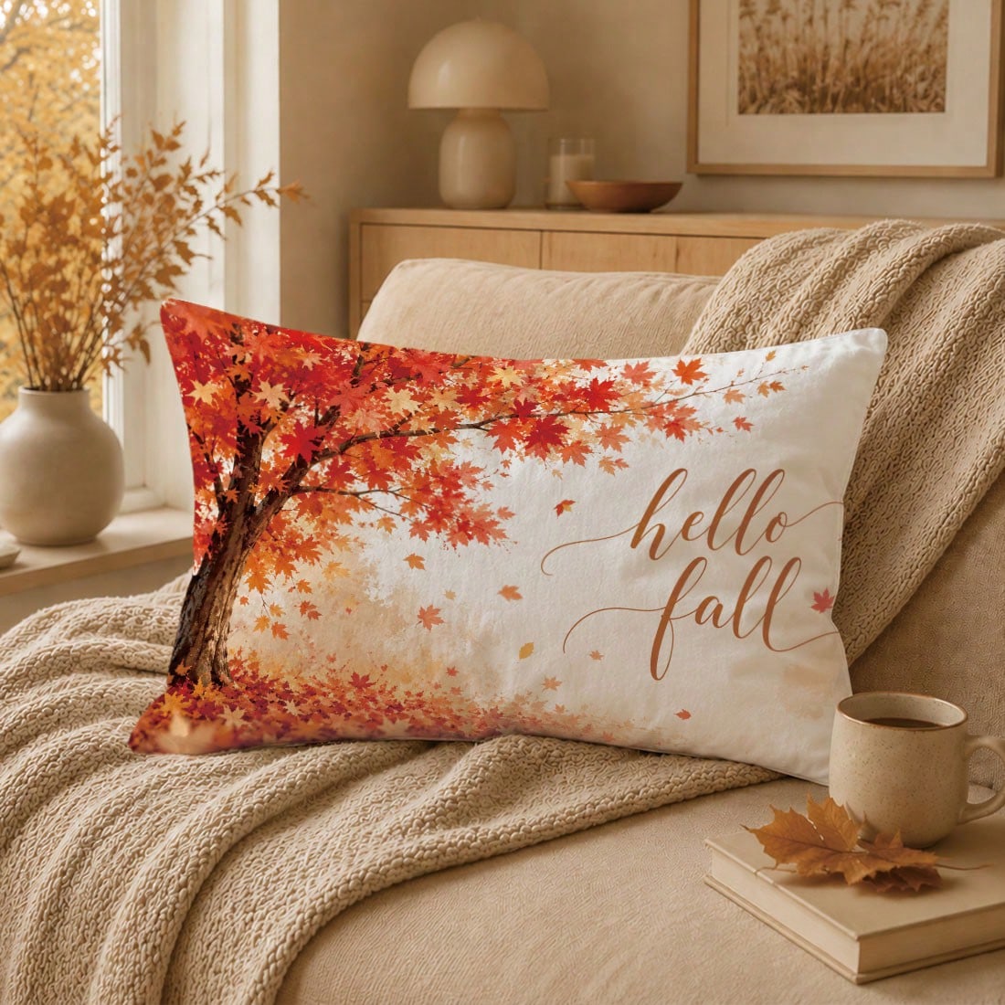1pc Minimalist Autumn Maple Tree & Leaf Cushion Cover, Single-Sided Printed Peach Skin Velvet Material, 30*50/40*60CM Pillowcase Suitable For Modern Minimalist Sofa Living Room Decor, Party Decoration