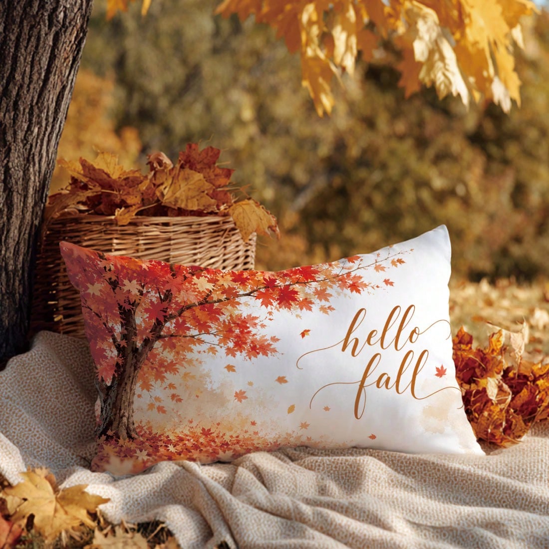 1pc Minimalist Autumn Maple Tree & Leaf Cushion Cover, Single-Sided Printed Peach Skin Velvet Material, 30*50/40*60CM Pillowcase Suitable For Modern Minimalist Sofa Living Room Decor, Party Decoration