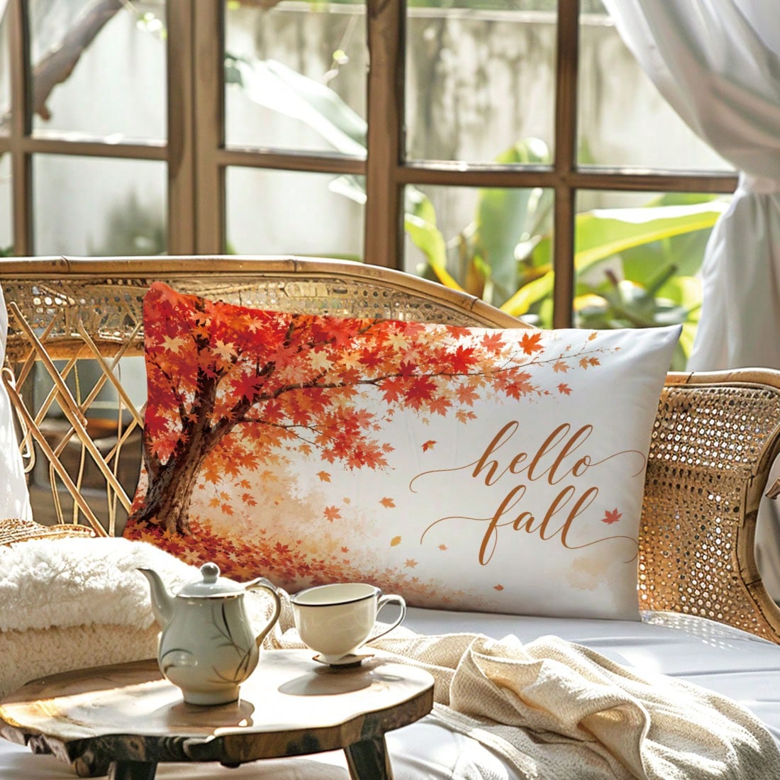 1pc Minimalist Autumn Maple Tree & Leaf Cushion Cover, Single-Sided Printed Peach Skin Velvet Material, 30*50/40*60CM Pillowcase Suitable For Modern Minimalist Sofa Living Room Decor, Party Decoration