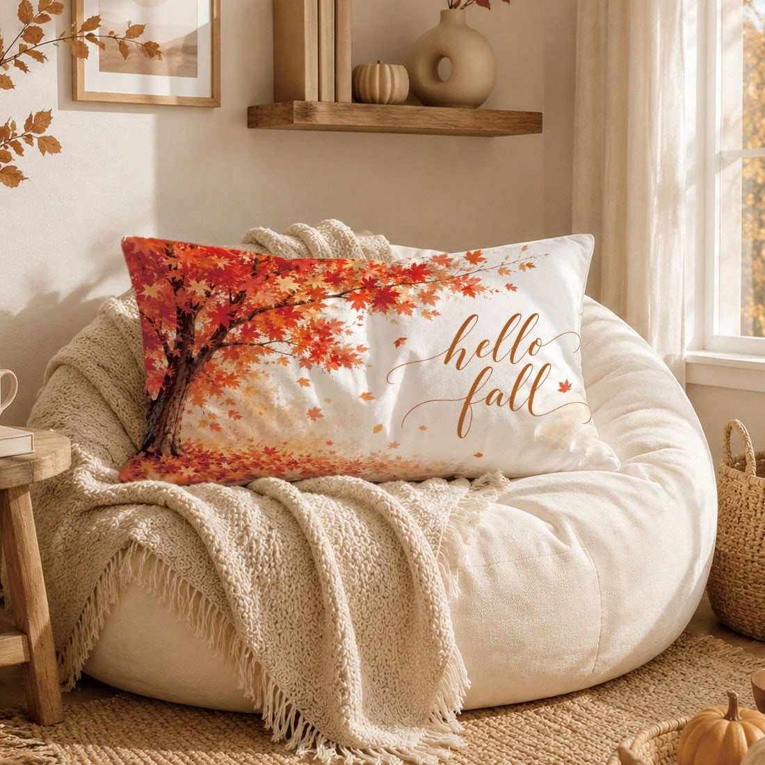 1pc Minimalist Autumn Maple Tree & Leaf Cushion Cover, Single-Sided Printed Peach Skin Velvet Material, 30*50/40*60CM Pillowcase Suitable For Modern Minimalist Sofa Living Room Decor, Party Decoration