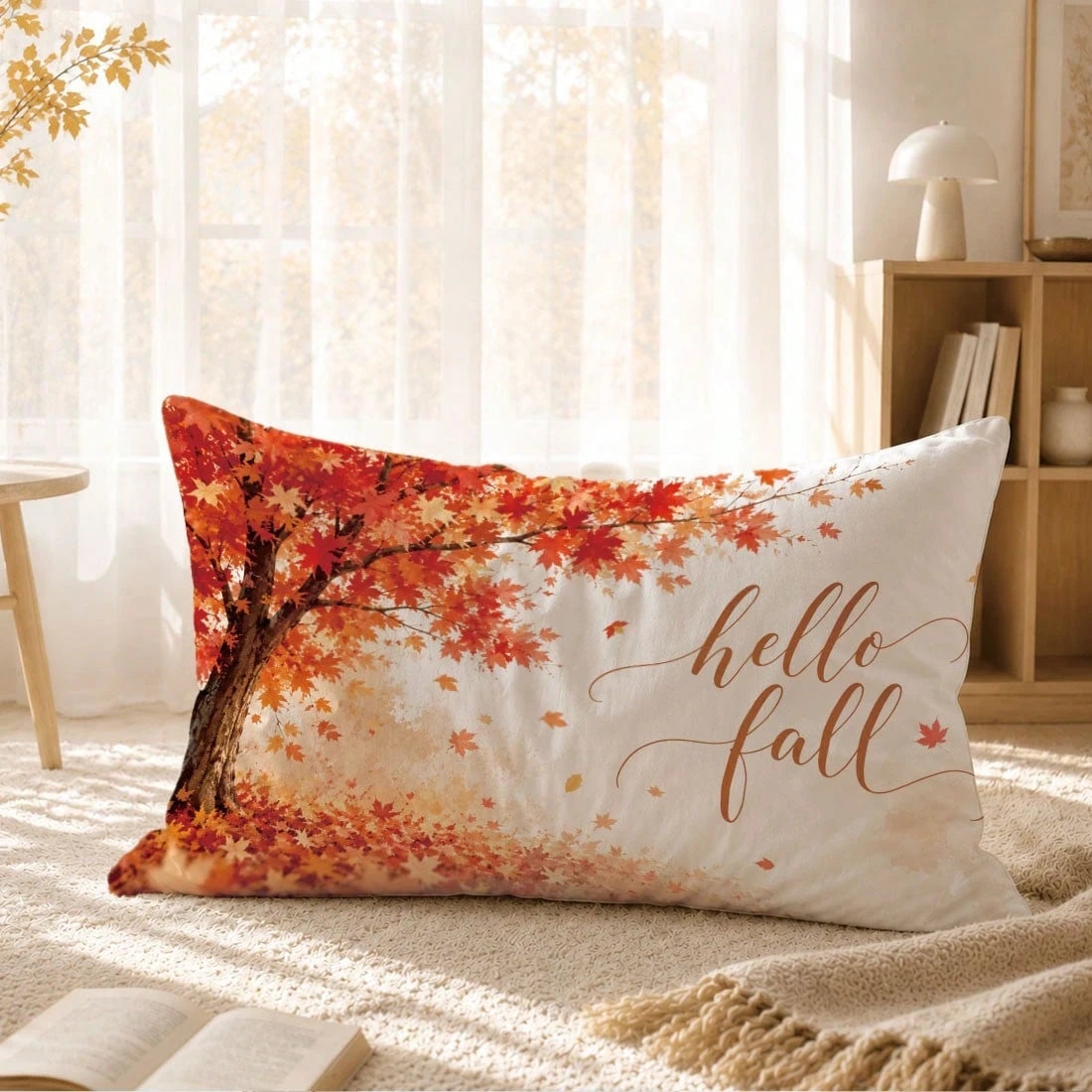 1pc Minimalist Autumn Maple Tree & Leaf Cushion Cover, Single-Sided Printed Peach Skin Velvet Material, 30*50/40*60CM Pillowcase Suitable For Modern Minimalist Sofa Living Room Decor, Party Decoration