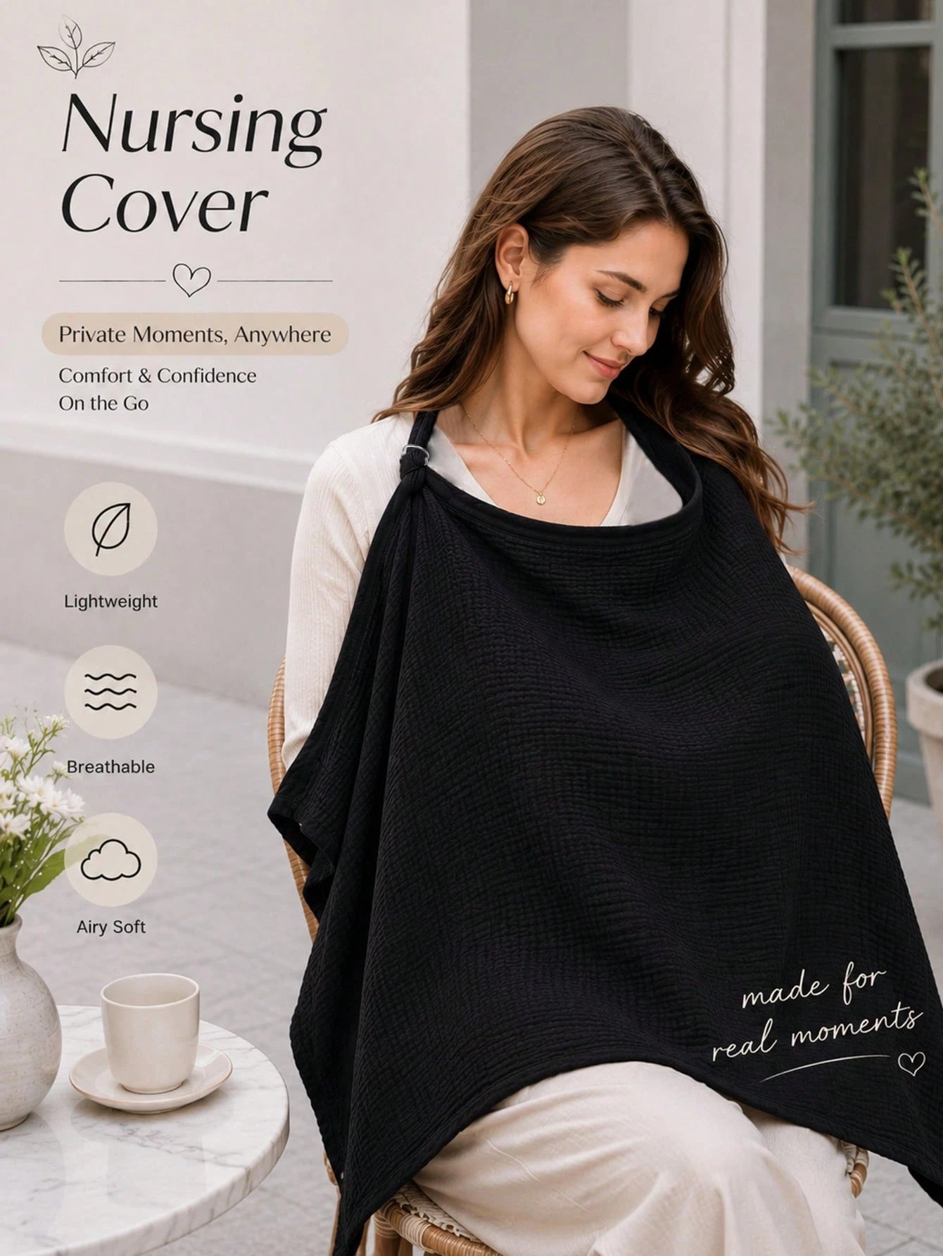 1pc Multifunctional Nursing Cover Shawl, Anti-Exposure Breastfeeding Apron, Black/Coffee/Beige Gauze Nursing Cover, Breathable Soft Skin-Friendly Nursing Top Cover-Up For Moms