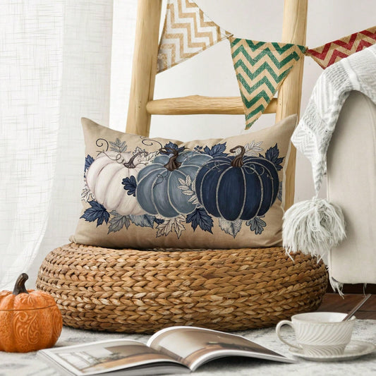 1PC Navy Blue And White Pumpkin Lumbar Pillow Cover, Watercolor Maple Vine Fall Throw Pillow Cover, Faux Linen Rustic Thanksgiving Harvest Decorative Pillow Cover, Perfect For Living Room Sofa Decor (