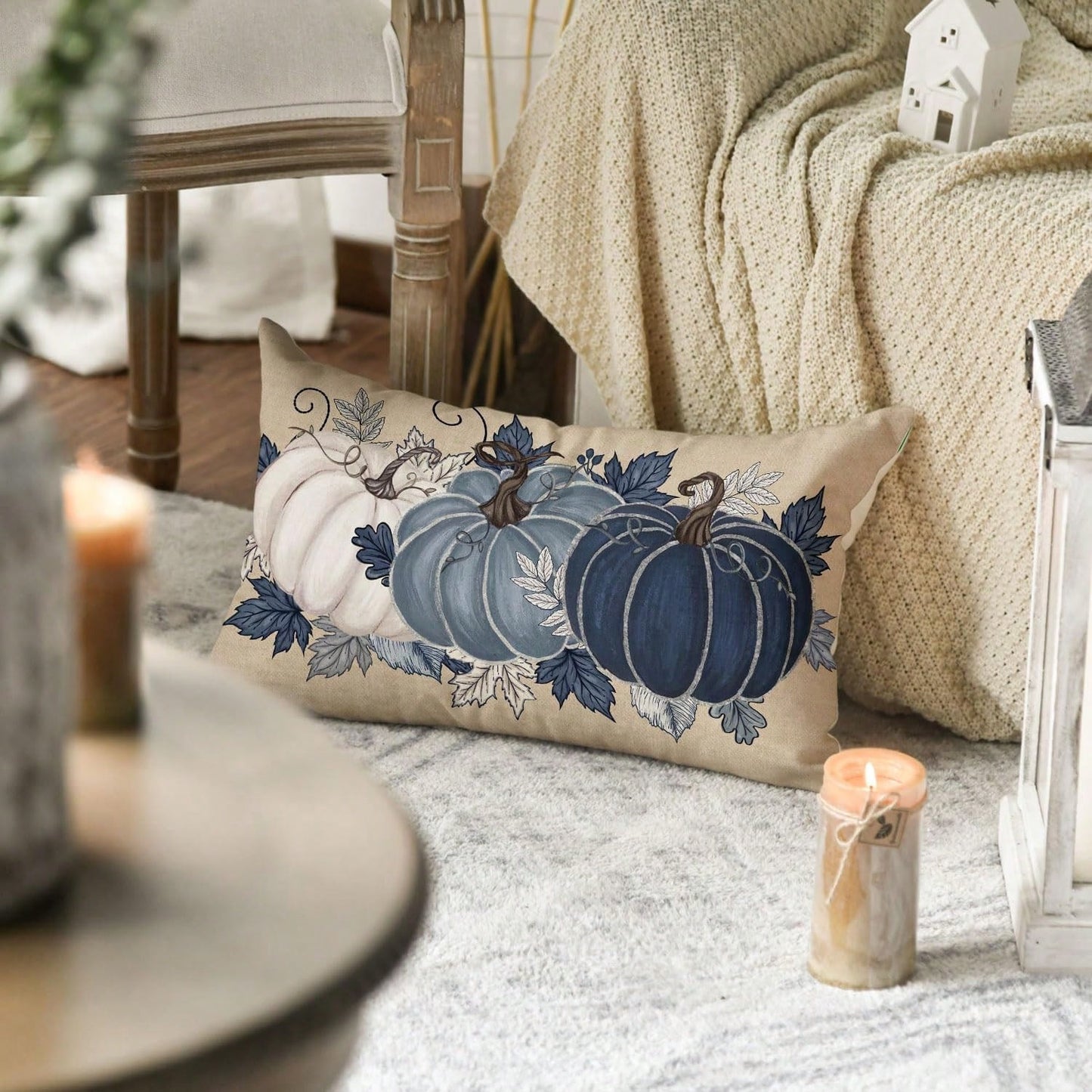 1PC Navy Blue And White Pumpkin Lumbar Pillow Cover, Watercolor Maple Vine Fall Throw Pillow Cover, Faux Linen Rustic Thanksgiving Harvest Decorative Pillow Cover, Perfect For Living Room Sofa Decor (