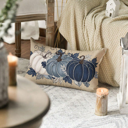 1PC Navy Blue And White Pumpkin Lumbar Pillow Cover, Watercolor Maple Vine Fall Throw Pillow Cover, Faux Linen Rustic Thanksgiving Harvest Decorative Pillow Cover, Perfect For Living Room Sofa Decor (