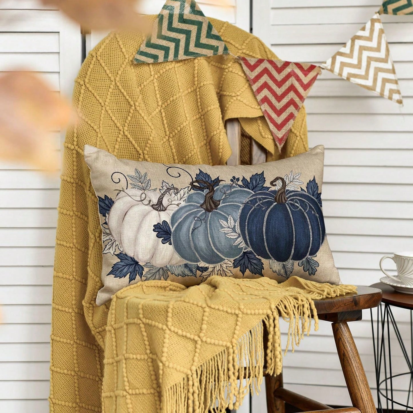 1PC Navy Blue And White Pumpkin Lumbar Pillow Cover, Watercolor Maple Vine Fall Throw Pillow Cover, Faux Linen Rustic Thanksgiving Harvest Decorative Pillow Cover, Perfect For Living Room Sofa Decor (