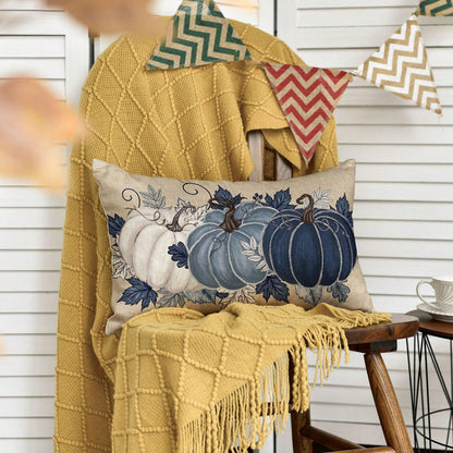 1PC Navy Blue And White Pumpkin Lumbar Pillow Cover, Watercolor Maple Vine Fall Throw Pillow Cover, Faux Linen Rustic Thanksgiving Harvest Decorative Pillow Cover, Perfect For Living Room Sofa Decor (