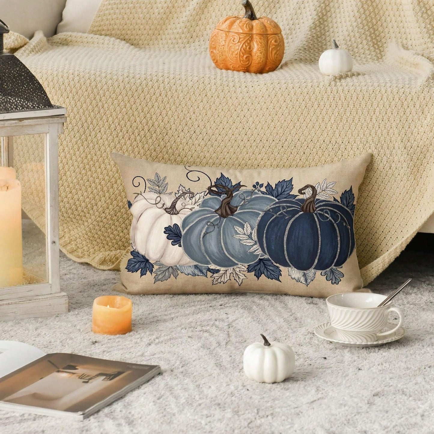 1PC Navy Blue And White Pumpkin Lumbar Pillow Cover, Watercolor Maple Vine Fall Throw Pillow Cover, Faux Linen Rustic Thanksgiving Harvest Decorative Pillow Cover, Perfect For Living Room Sofa Decor (