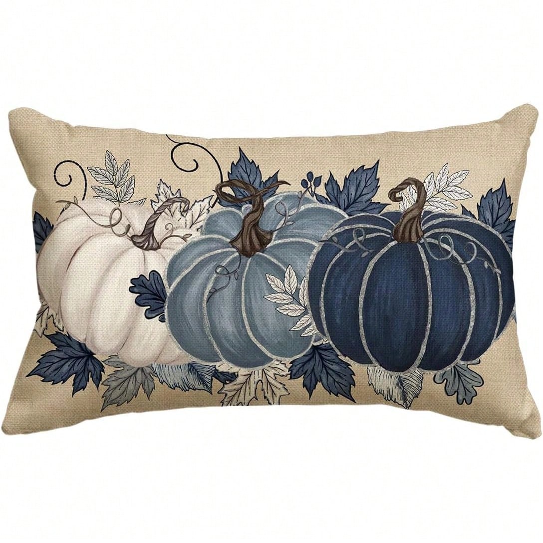 1PC Navy Blue And White Pumpkin Lumbar Pillow Cover, Watercolor Maple Vine Fall Throw Pillow Cover, Faux Linen Rustic Thanksgiving Harvest Decorative Pillow Cover, Perfect For Living Room Sofa Decor (
