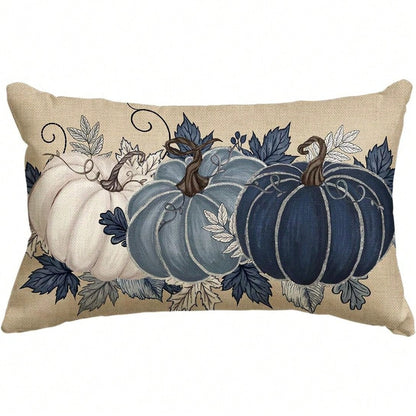 1PC Navy Blue And White Pumpkin Lumbar Pillow Cover, Watercolor Maple Vine Fall Throw Pillow Cover, Faux Linen Rustic Thanksgiving Harvest Decorative Pillow Cover, Perfect For Living Room Sofa Decor (