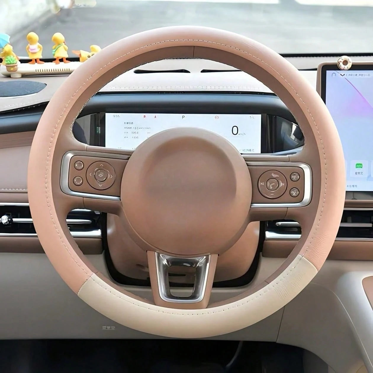 1pc New Patchwork Leather Car Steering Wheel Cover, Leather Car Interior Accessory, Steering Wheel Cover With Inner Ring, Car Interior Supplies
