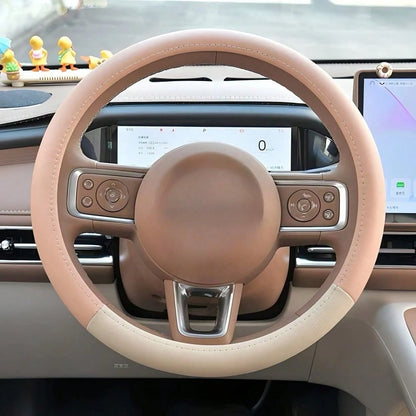 1pc New Patchwork Leather Car Steering Wheel Cover, Leather Car Interior Accessory, Steering Wheel Cover With Inner Ring, Car Interior Supplies
