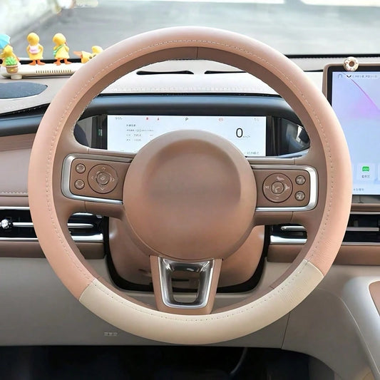 1pc New Patchwork Leather Car Steering Wheel Cover, Leather Car Interior Accessory, Steering Wheel Cover With Inner Ring, Car Interior Supplies