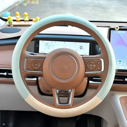 1pc New Patchwork Leather Car Steering Wheel Cover, Leather Car Interior Accessory, Steering Wheel Cover With Inner Ring, Car Interior Supplies