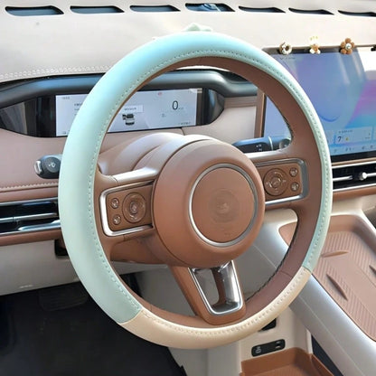 1pc New Patchwork Leather Car Steering Wheel Cover, Leather Car Interior Accessory, Steering Wheel Cover With Inner Ring, Car Interior Supplies