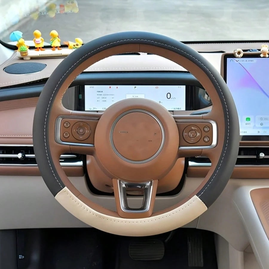 1pc New Patchwork Leather Car Steering Wheel Cover, Leather Car Interior Accessory, Steering Wheel Cover With Inner Ring, Car Interior Supplies