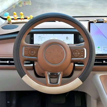 1pc New Patchwork Leather Car Steering Wheel Cover, Leather Car Interior Accessory, Steering Wheel Cover With Inner Ring, Car Interior Supplies