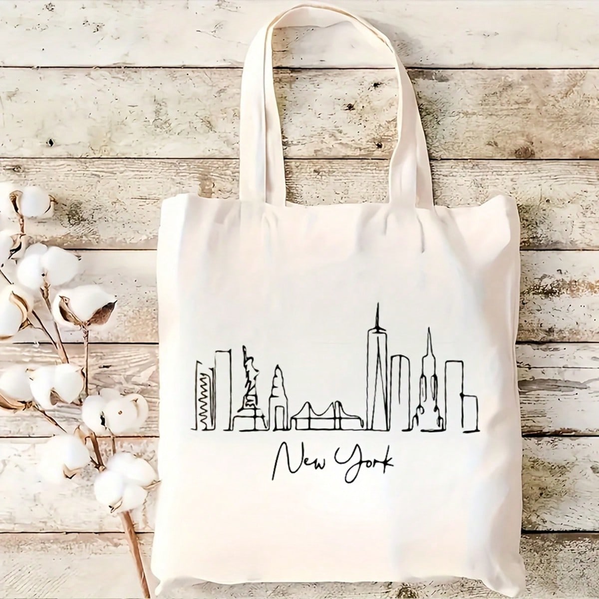 1pc New York City Skyline Canvas Tote Bag- Minimalist Black Line Art, Durable High-Quality Polyester, Reusable Shopping Bag For Travel & Daily Use, 15.7x13.7inch, Travel Carryall| Minimalist Design