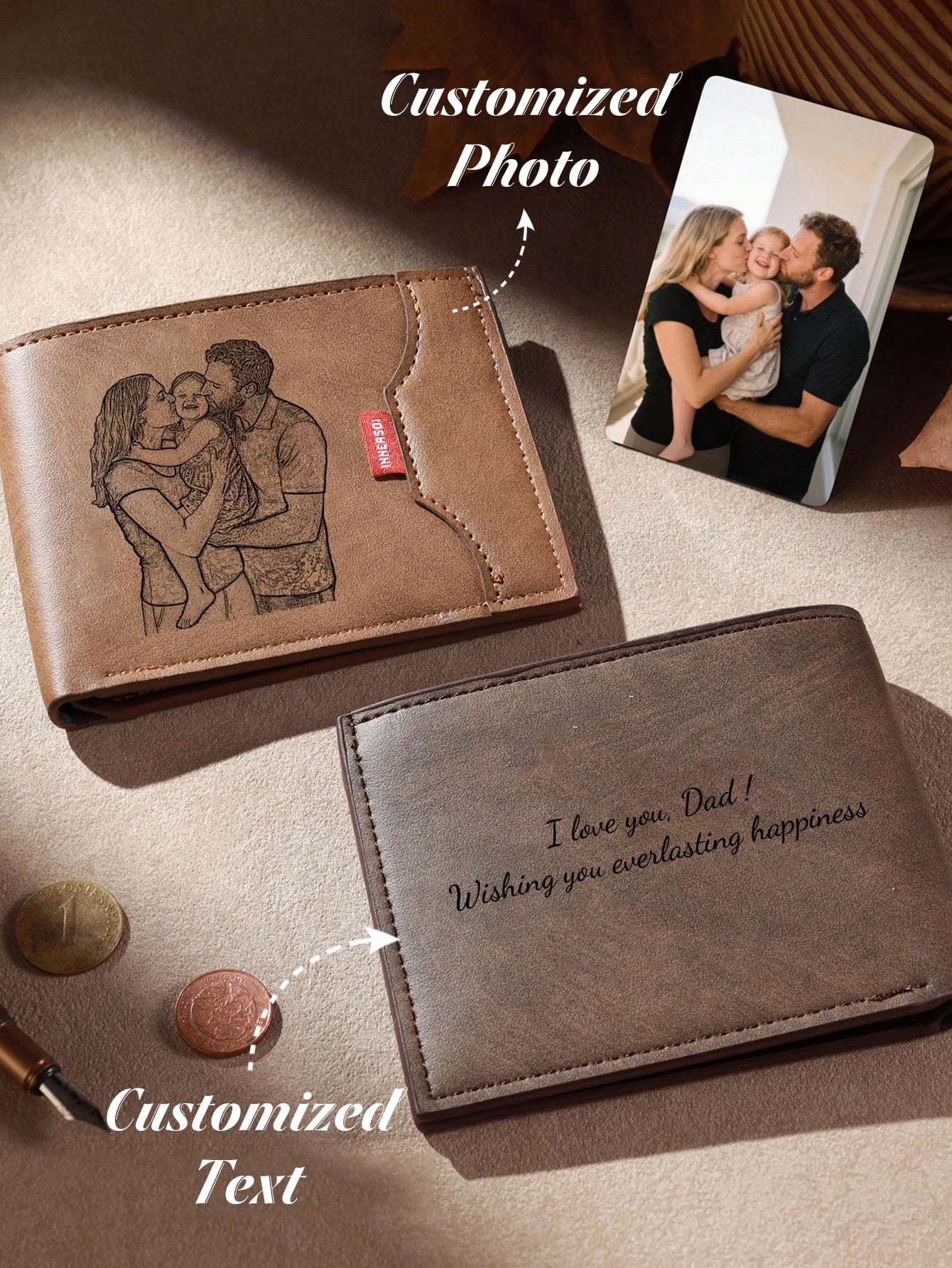 1pc Personalized Men's Vintage Folding Engraved Wallet Custom Photo Text Gift Husband Father Anniversary Birthday Father's Day,-Blocking
