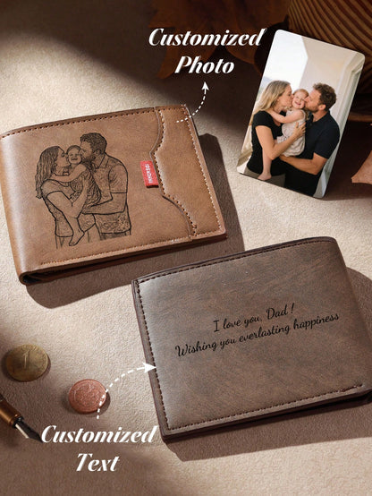 1pc Personalized Men's Vintage Folding Engraved Wallet Custom Photo Text Gift Husband Father Anniversary Birthday Father's Day,-Blocking