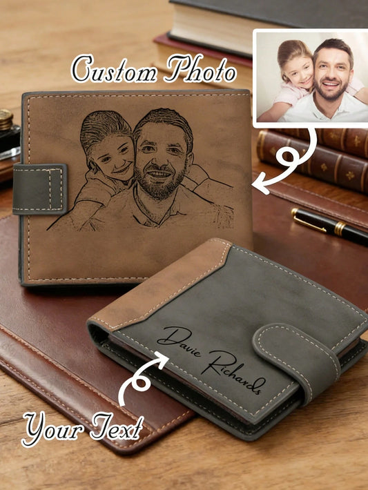 1pc Personalized Men's Wallet, Father's Day Gift, Customizable Photo And Name, Men's Gift, Leather Wallet, Dad's Birthday Gift, Suitable For Back To School Season, Teacher Gift, Colleague Gift, Unisex