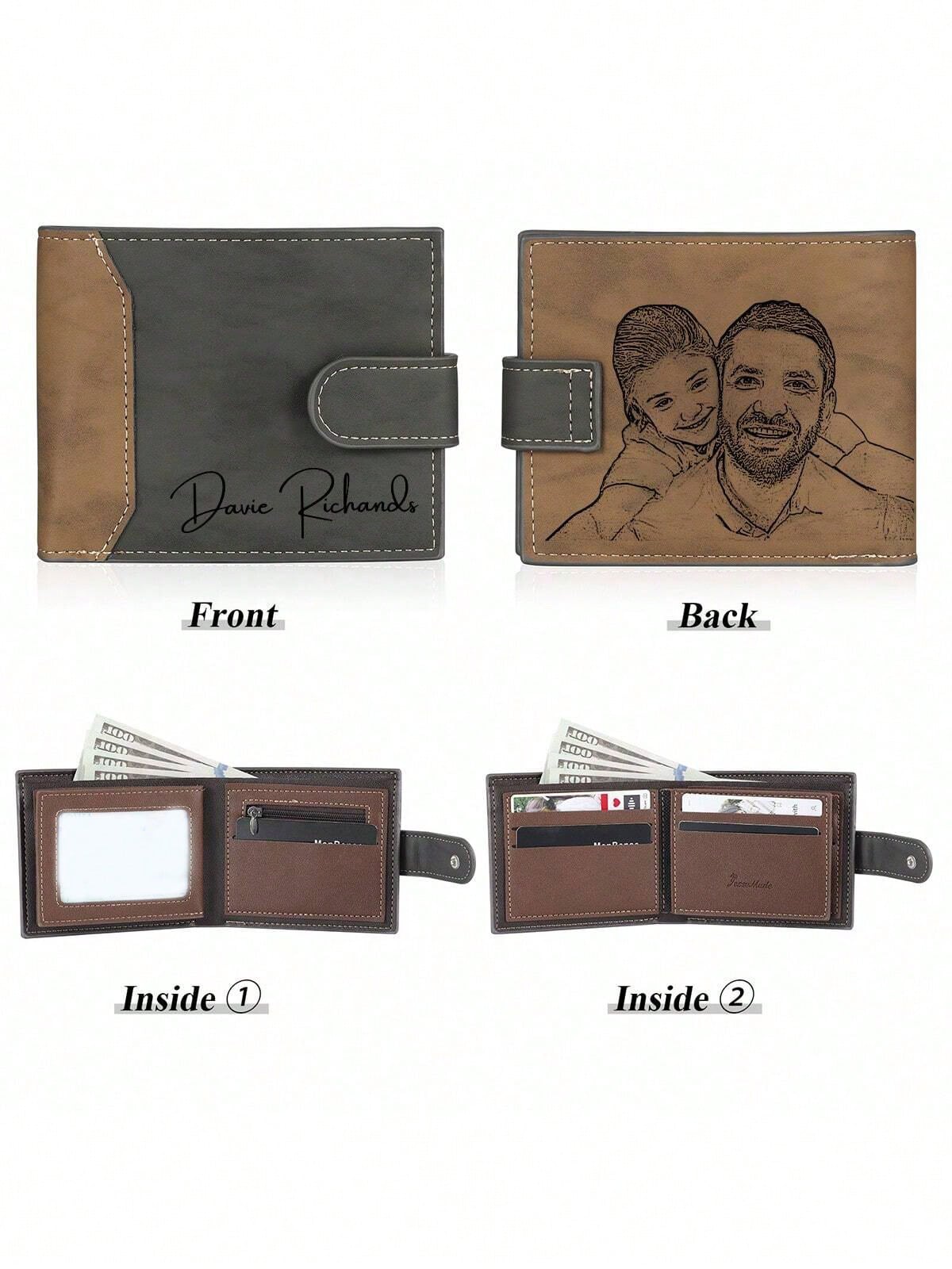 1pc Personalized Men's Wallet, Father's Day Gift, Customizable Photo And Name, Men's Gift, Leather Wallet, Dad's Birthday Gift, Suitable For Back To School Season, Teacher Gift, Colleague Gift, Unisex