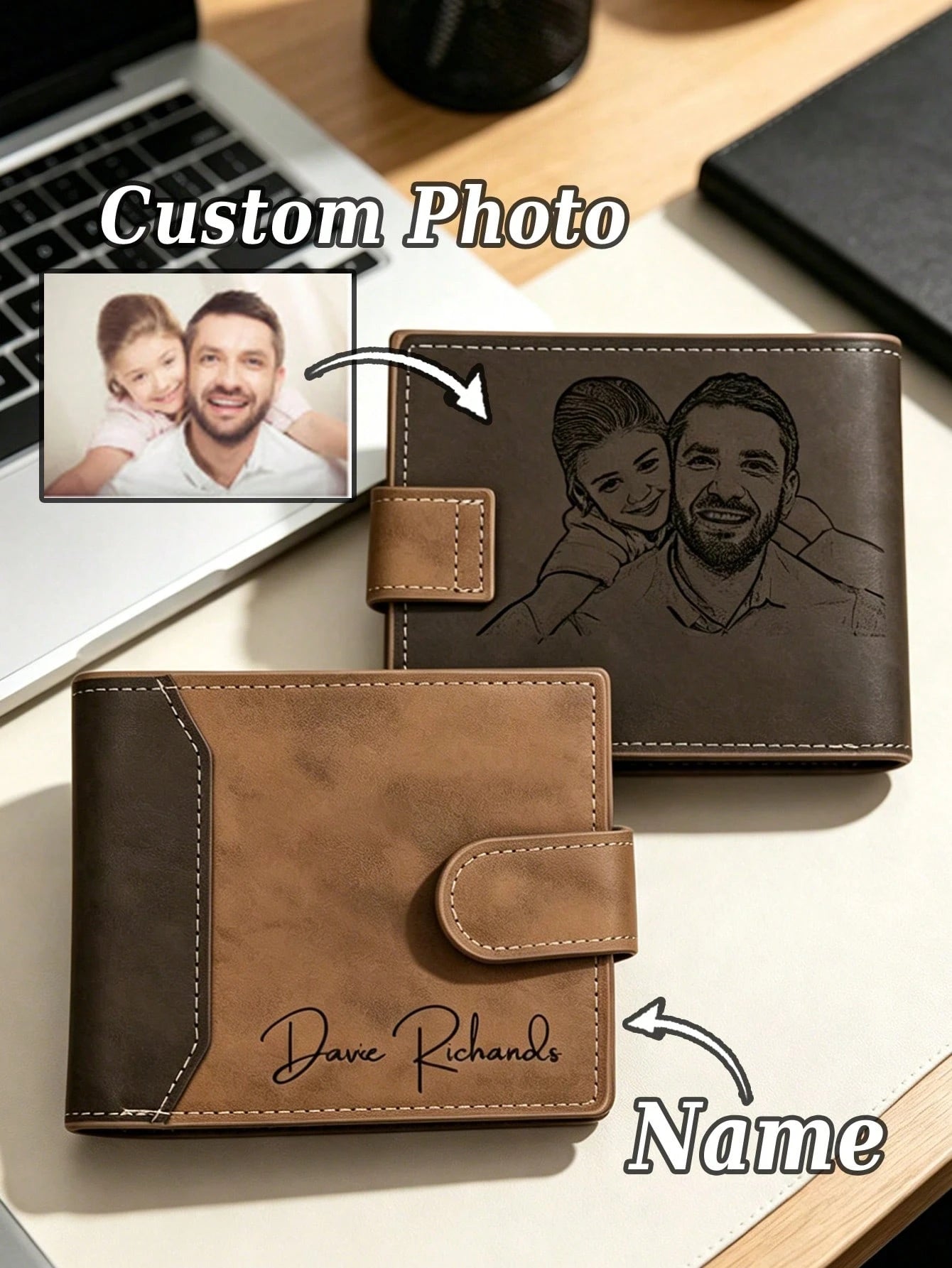 1pc Personalized Men's Wallet, Father's Day Gift, Customizable Photo And Name, Men's Gift, Leather Wallet, Dad's Birthday Gift, Suitable For Back To School Season, Teacher Gift, Colleague Gift, Unisex