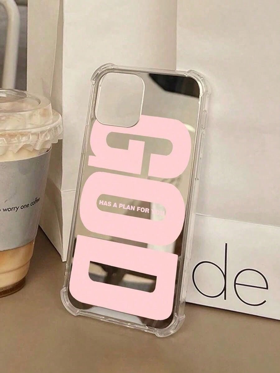 1pc Personalized Pink God Slogan Graphic Mirror Acrylic Shockproof Phone Case, Compatible With Iphone 13/11/17/17pro/16/14/15/15pro/15 Plus/15 Promax/7plus/8plus/X/Xs Max/Xr/11pro/12pro/13pro/14pro/12