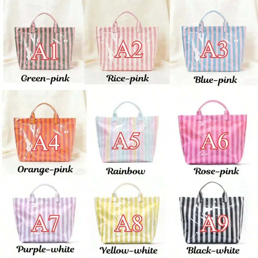 1pc Personalized Transparent Striped Beach Tote Bag, PVC Waterproof Large Capacity, Name Letter Print, Bridesmaid Gift Bag, Travel Storage Bag