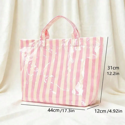 1pc Personalized Transparent Striped Beach Tote Bag, PVC Waterproof Large Capacity, Name Letter Print, Bridesmaid Gift Bag, Travel Storage Bag