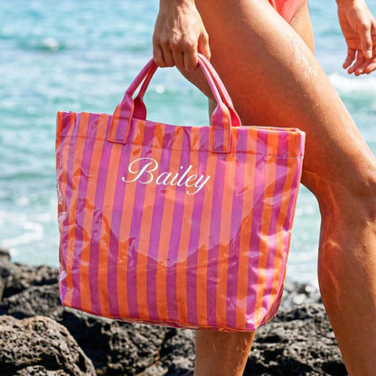 1pc Personalized Transparent Striped Beach Tote Bag, PVC Waterproof Large Capacity, Name Letter Print, Bridesmaid Gift Bag, Travel Storage Bag
