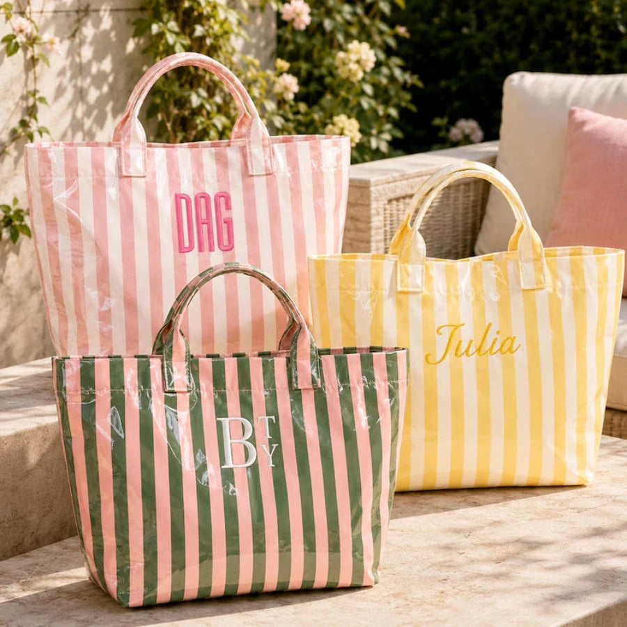 1pc Personalized Transparent Striped Beach Tote Bag, PVC Waterproof Large Capacity, Name Letter Print, Bridesmaid Gift Bag, Travel Storage Bag