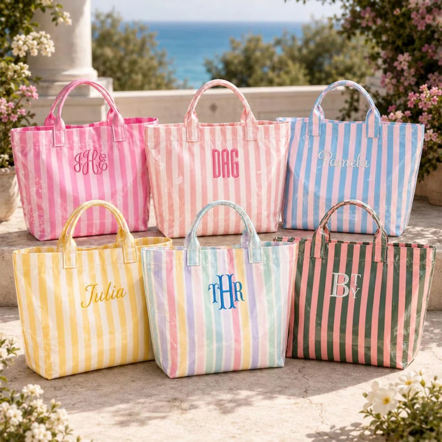 1pc Personalized Transparent Striped Beach Tote Bag, PVC Waterproof Large Capacity, Name Letter Print, Bridesmaid Gift Bag, Travel Storage Bag
