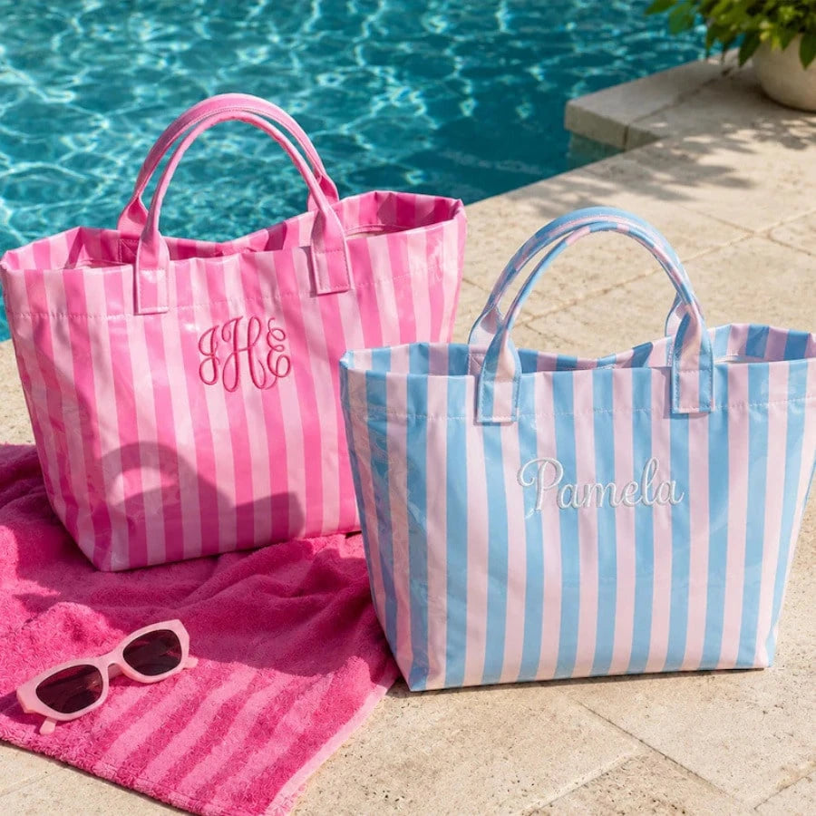 1pc Personalized Transparent Striped Beach Tote Bag, PVC Waterproof Large Capacity, Name Letter Print, Bridesmaid Gift Bag, Travel Storage Bag