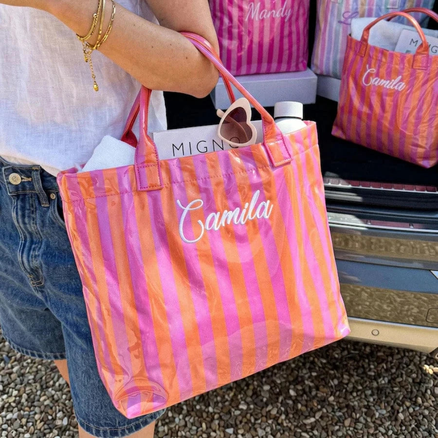 1pc Personalized Transparent Striped Beach Tote Bag, PVC Waterproof Large Capacity, Name Letter Print, Bridesmaid Gift Bag, Travel Storage Bag