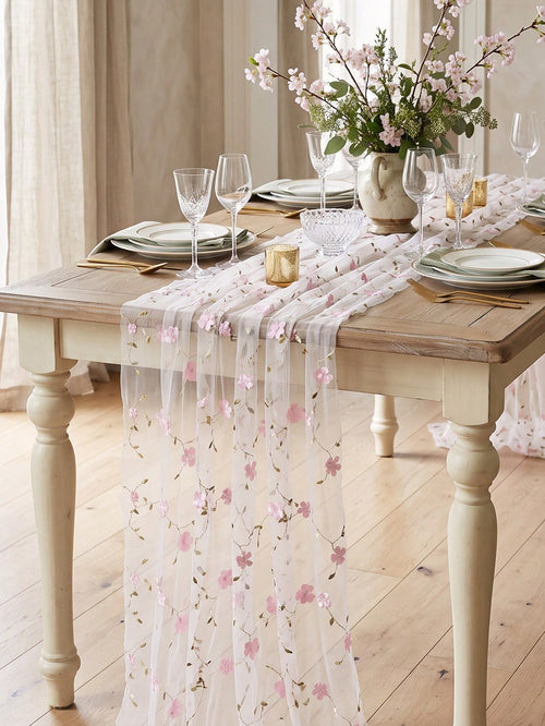 1pc Pink Floral Embroidered Mesh Table Runner, Wildflower Tulle Tablecloth, 180*70cm Vintage Tulle Tablecloth, Baby Shower Decoration, 1st Birthday Party Decoration, Newborn Party Decoration, Dining T