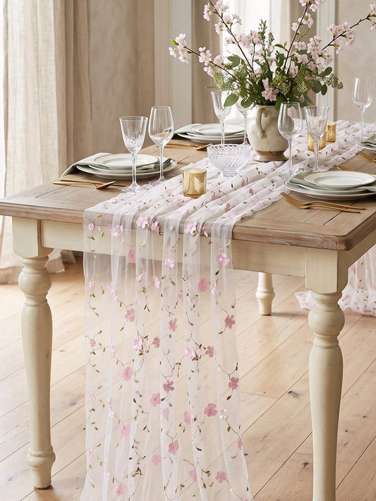 1pc Pink Floral Embroidered Mesh Table Runner, Wildflower Tulle Tablecloth, 180*70cm Vintage Tulle Tablecloth, Baby Shower Decoration, 1st Birthday Party Decoration, Newborn Party Decoration, Dining T