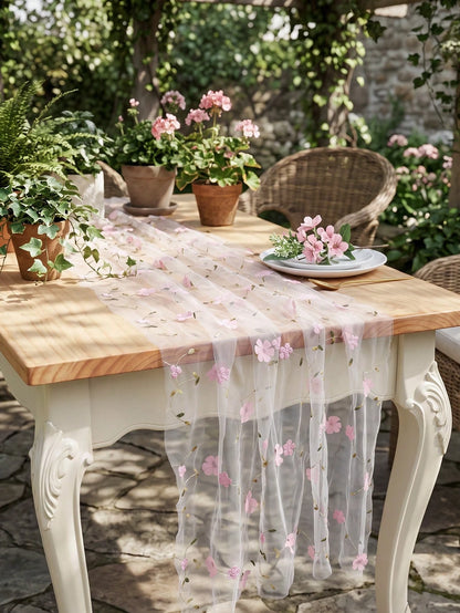 1pc Pink Floral Embroidered Mesh Table Runner, Wildflower Tulle Tablecloth, 180*70cm Vintage Tulle Tablecloth, Baby Shower Decoration, 1st Birthday Party Decoration, Newborn Party Decoration, Dining T