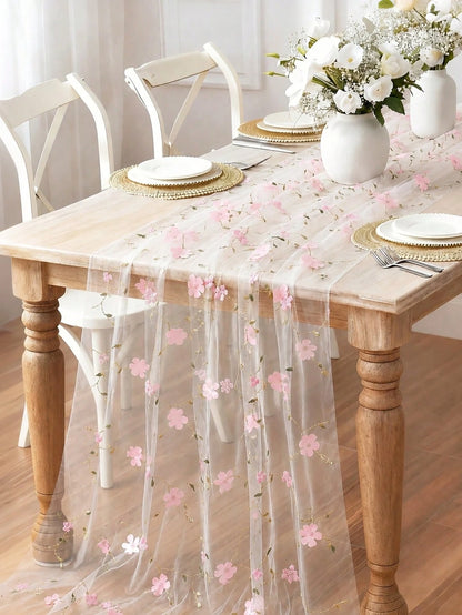 1pc Pink Floral Embroidered Mesh Table Runner, Wildflower Tulle Tablecloth, 180*70cm Vintage Tulle Tablecloth, Baby Shower Decoration, 1st Birthday Party Decoration, Newborn Party Decoration, Dining T