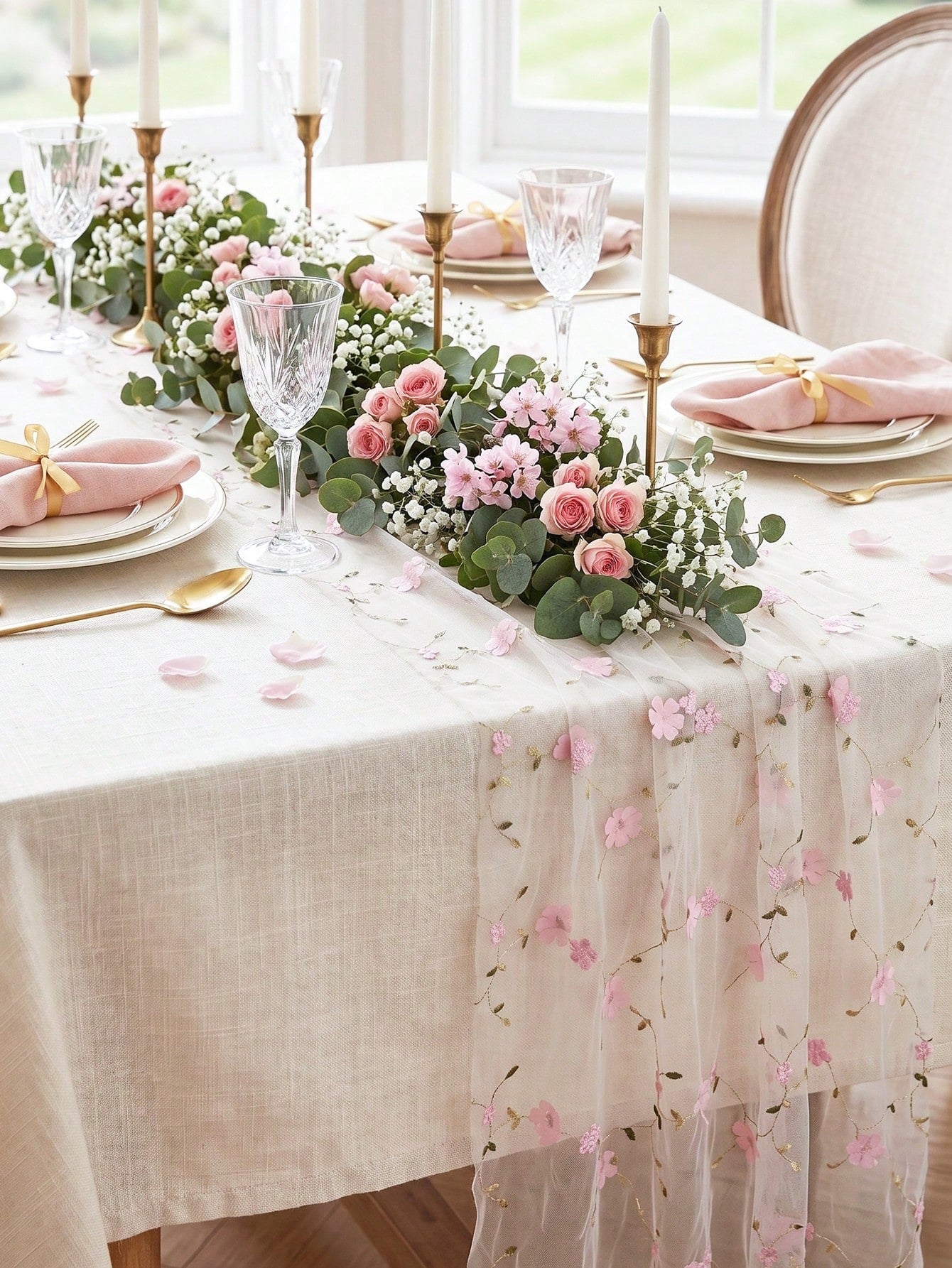 1pc Pink Floral Embroidered Mesh Table Runner, Wildflower Tulle Tablecloth, 180*70cm Vintage Tulle Tablecloth, Baby Shower Decoration, 1st Birthday Party Decoration, Newborn Party Decoration, Dining T