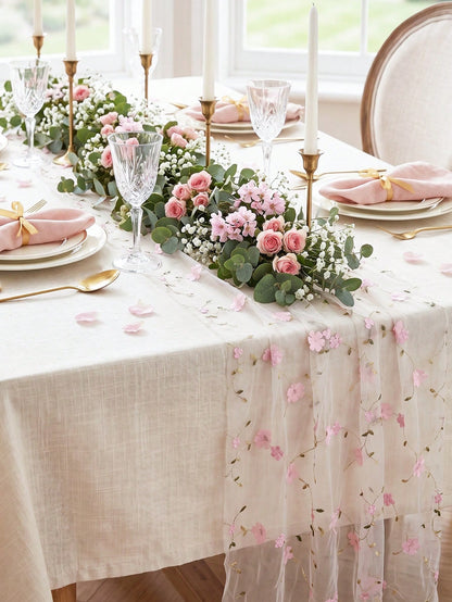 1pc Pink Floral Embroidered Mesh Table Runner, Wildflower Tulle Tablecloth, 180*70cm Vintage Tulle Tablecloth, Baby Shower Decoration, 1st Birthday Party Decoration, Newborn Party Decoration, Dining T