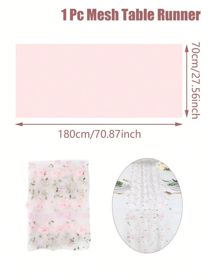 1pc Pink Floral Embroidered Mesh Table Runner, Wildflower Tulle Tablecloth, 180*70cm Vintage Tulle Tablecloth, Baby Shower Decoration, 1st Birthday Party Decoration, Newborn Party Decoration, Dining T