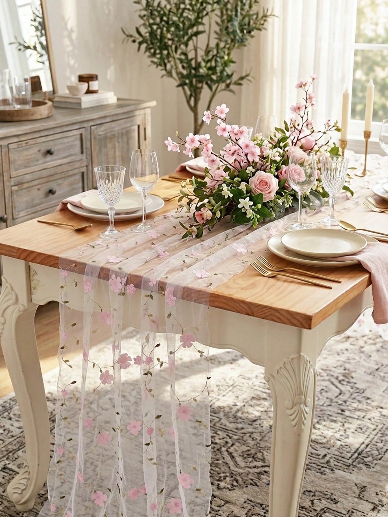 1pc Pink Floral Embroidered Mesh Table Runner, Wildflower Tulle Tablecloth, 180*70cm Vintage Tulle Tablecloth, Baby Shower Decoration, 1st Birthday Party Decoration, Newborn Party Decoration, Dining T