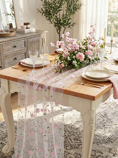 1pc Pink Floral Embroidered Mesh Table Runner, Wildflower Tulle Tablecloth, 180*70cm Vintage Tulle Tablecloth, Baby Shower Decoration, 1st Birthday Party Decoration, Newborn Party Decoration, Dining T
