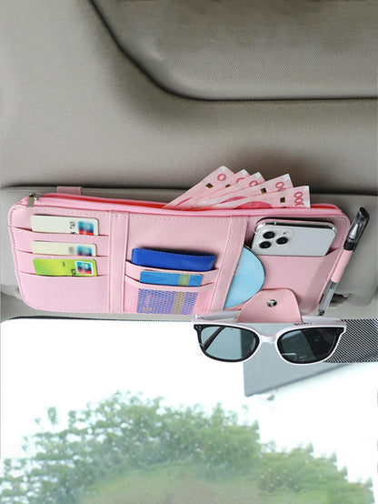 1pc Pink PU Leather Multifunctional Car Sun Visor Storage Bag Clip