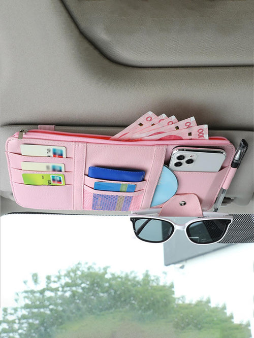 1pc Pink PU Leather Multifunctional Car Sun Visor Storage Bag Clip