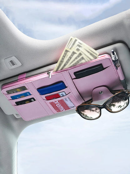1pc Pink PU Leather Multifunctional Car Sun Visor Storage Bag Clip