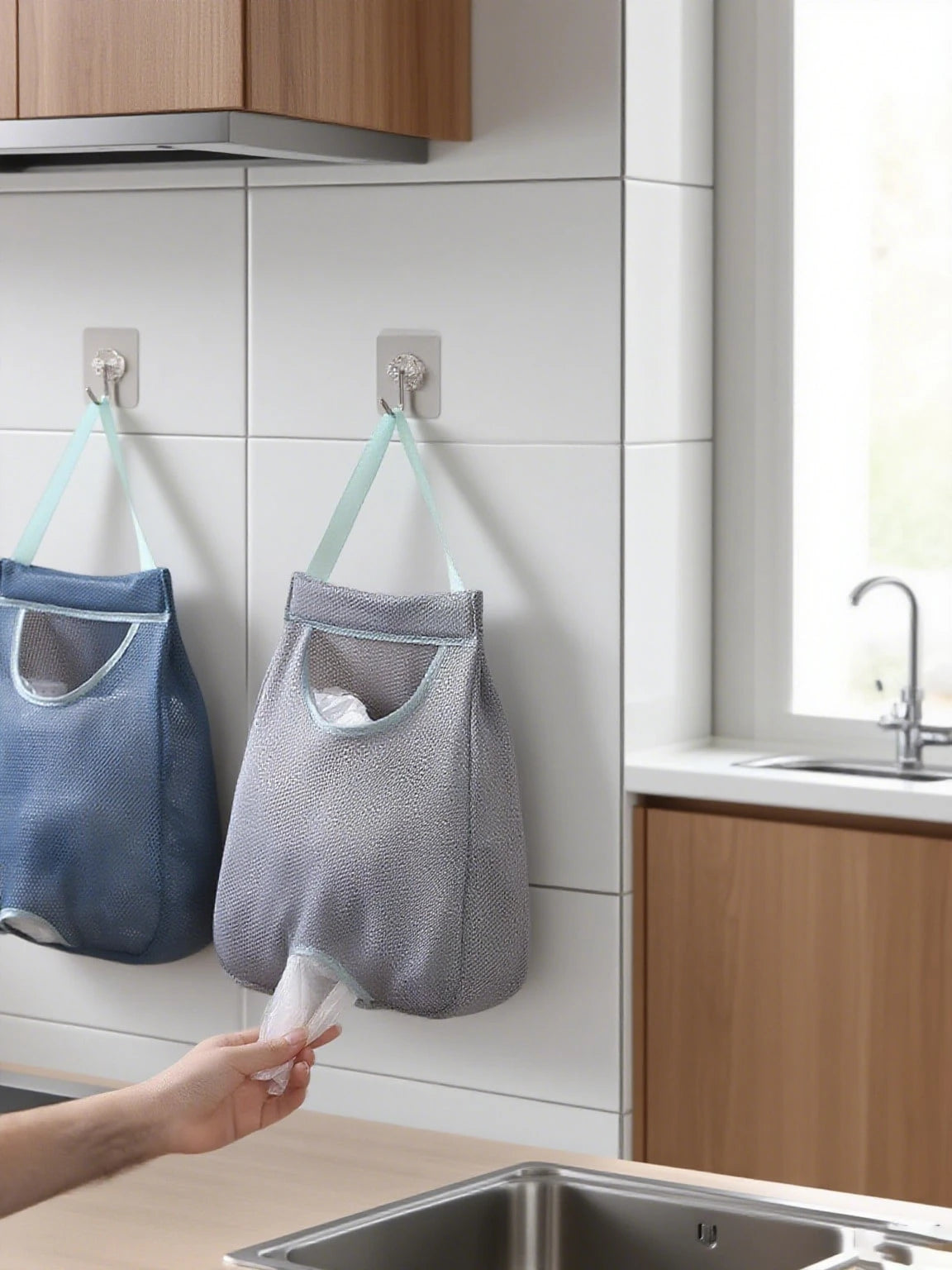 1pc Plastic Bag Organizer, Wall-Mounted Plastic Bag Holder, Mesh Storage Bag, Plastic Bag Dispenser, Kitchen Accessory