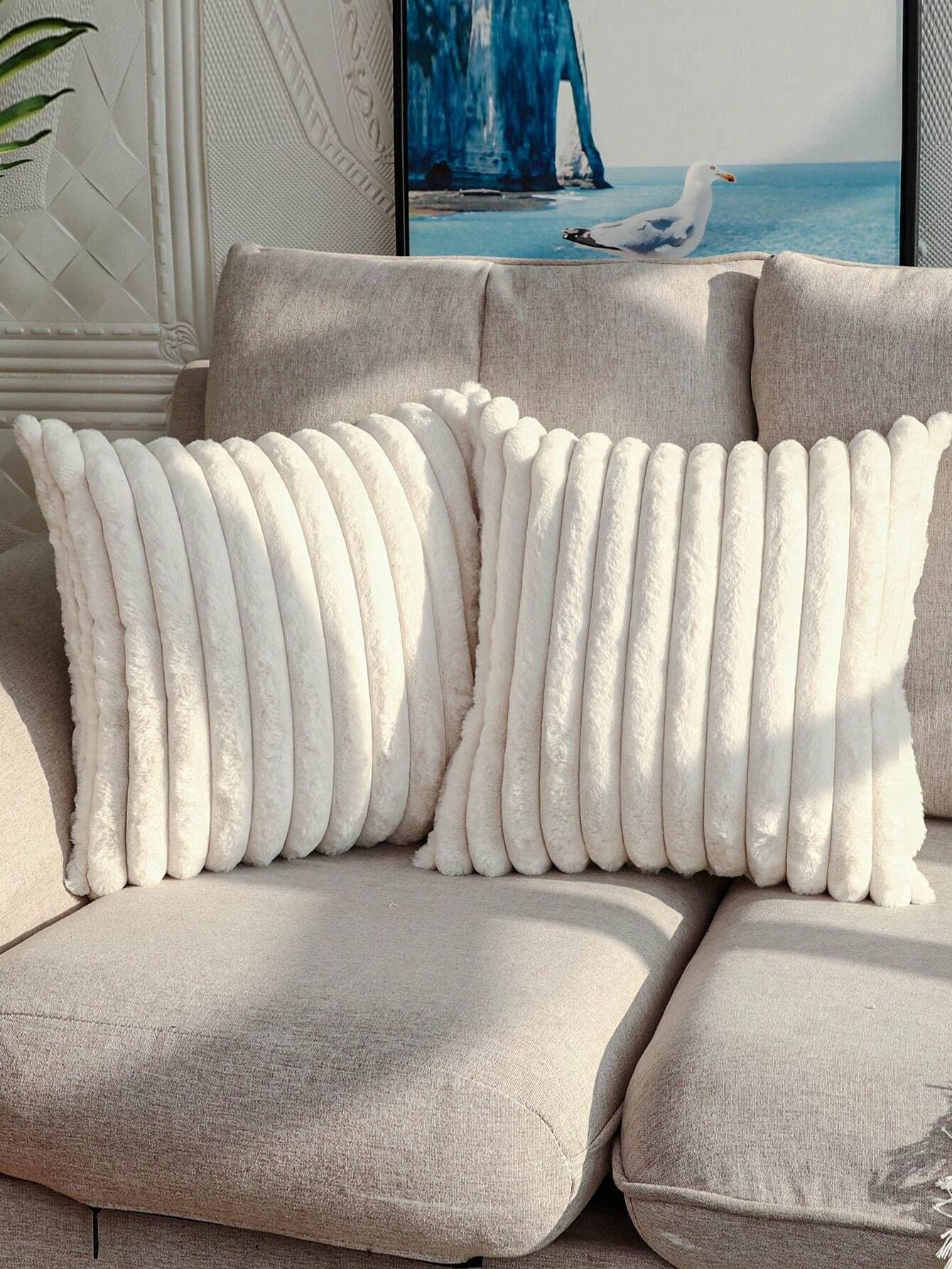 1pc Pure White Striped Luxury Rabbit Plush Pillow Cover, Creative Home Textile Decorative Throw Pillow Case. Exquisite, Breathable, Soft And Comfortable, Suitable For Wedding, Birthday Party, Sofa, Ch