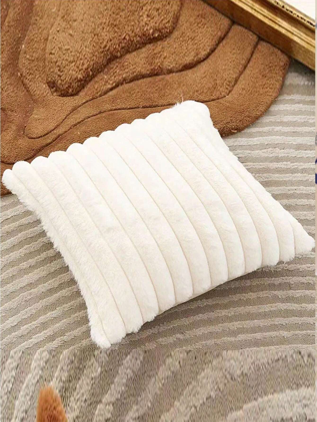 1pc Pure White Striped Luxury Rabbit Plush Pillow Cover, Creative Home Textile Decorative Throw Pillow Case. Exquisite, Breathable, Soft And Comfortable, Suitable For Wedding, Birthday Party, Sofa, Ch